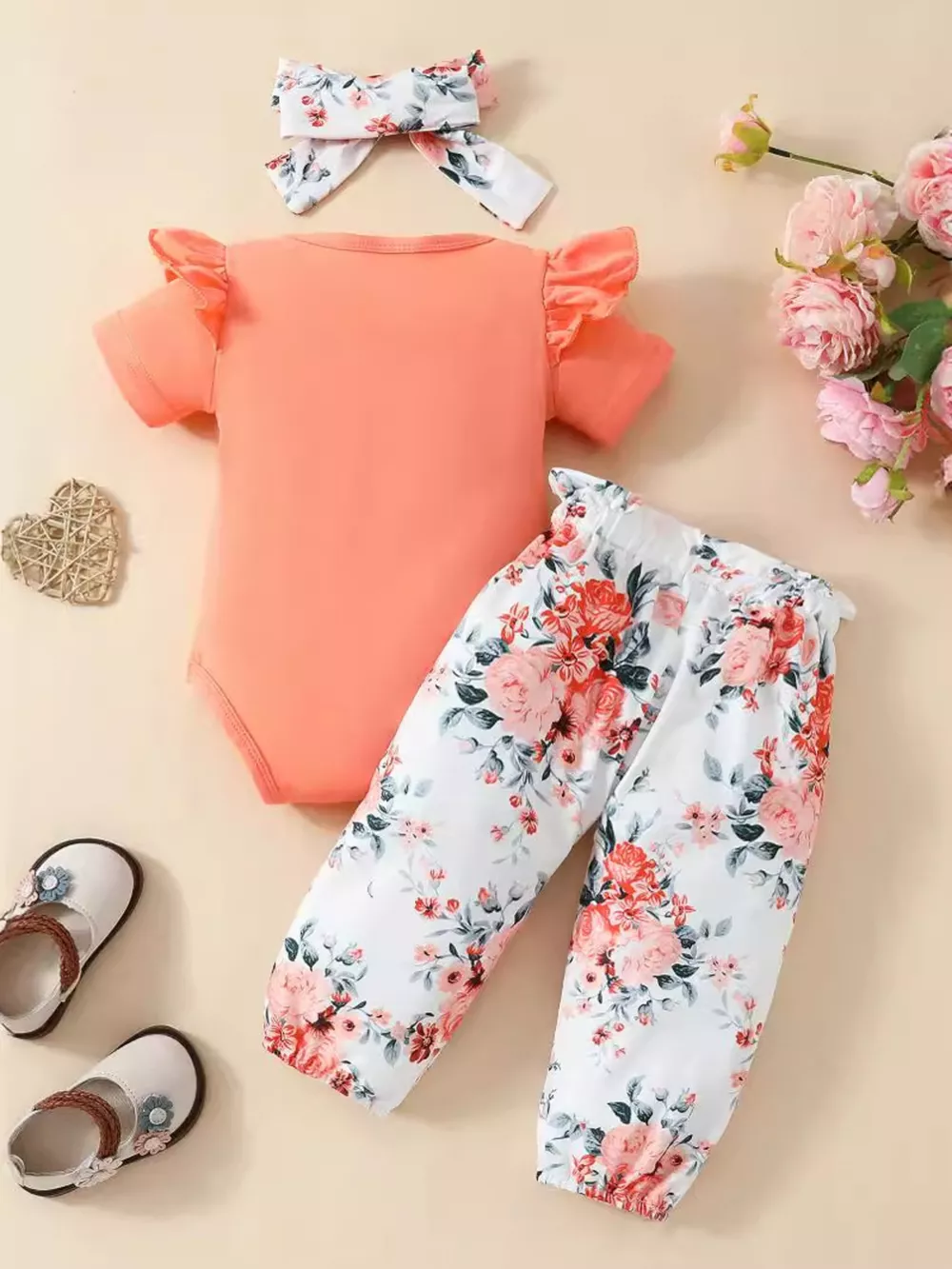Children's Ruffled Short Sleeve Bodysuit and Pants Set with Headband, image 2
