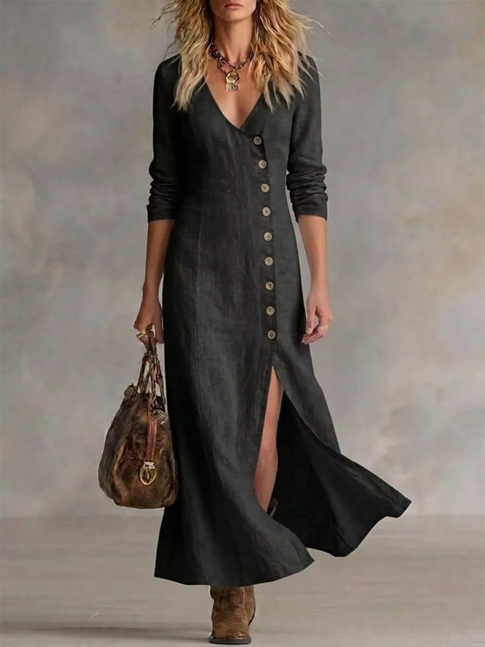 Full Size Button Front Slit Maxi Dress Plus Size, image 3