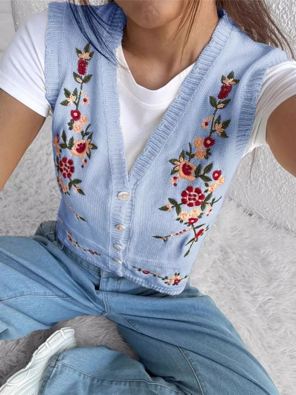 Embroidered Button Up Sweater Vest, image 8
