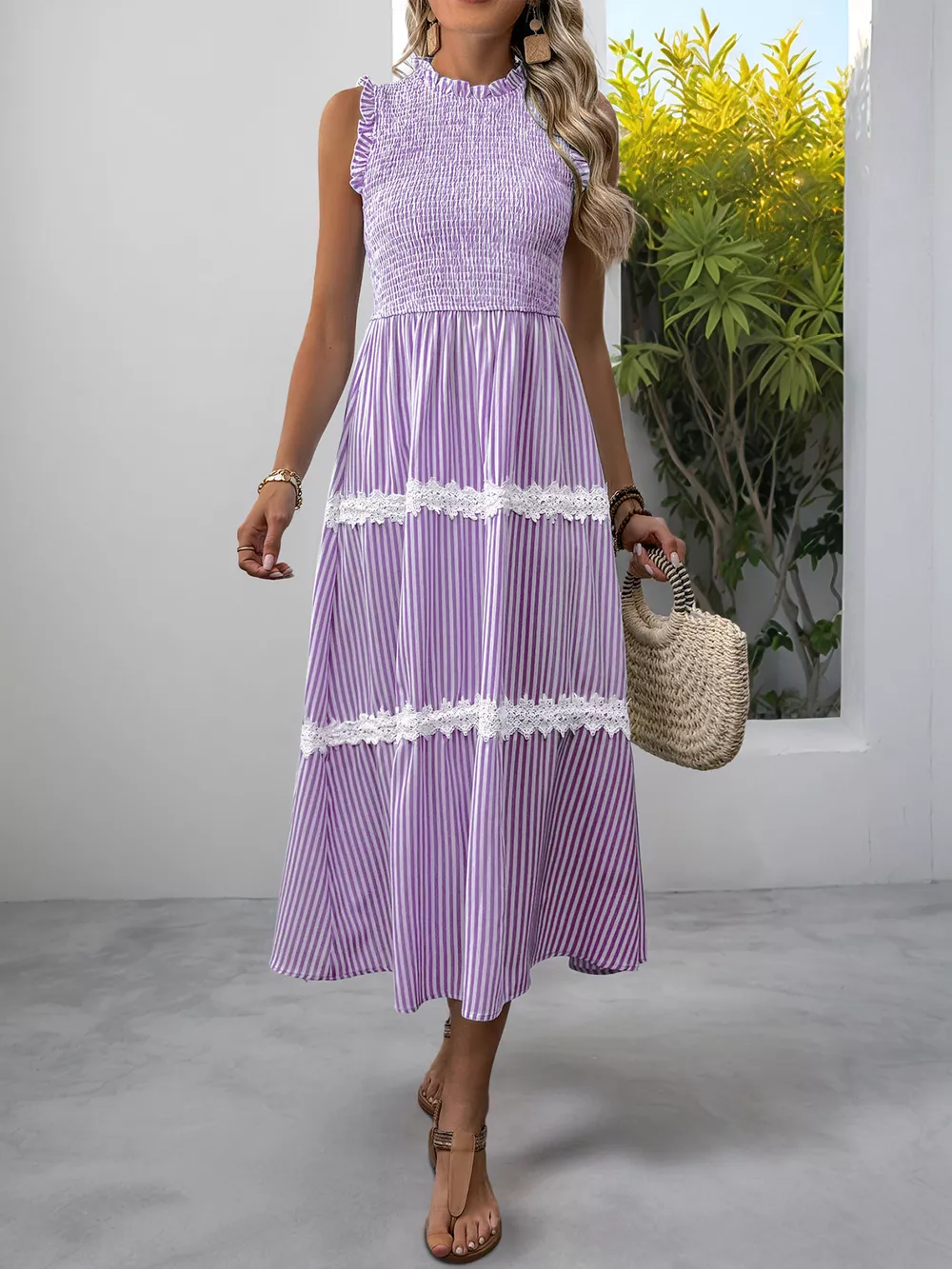 Smocked Striped Lace Trim Sleeveless Midi Dress, image 11