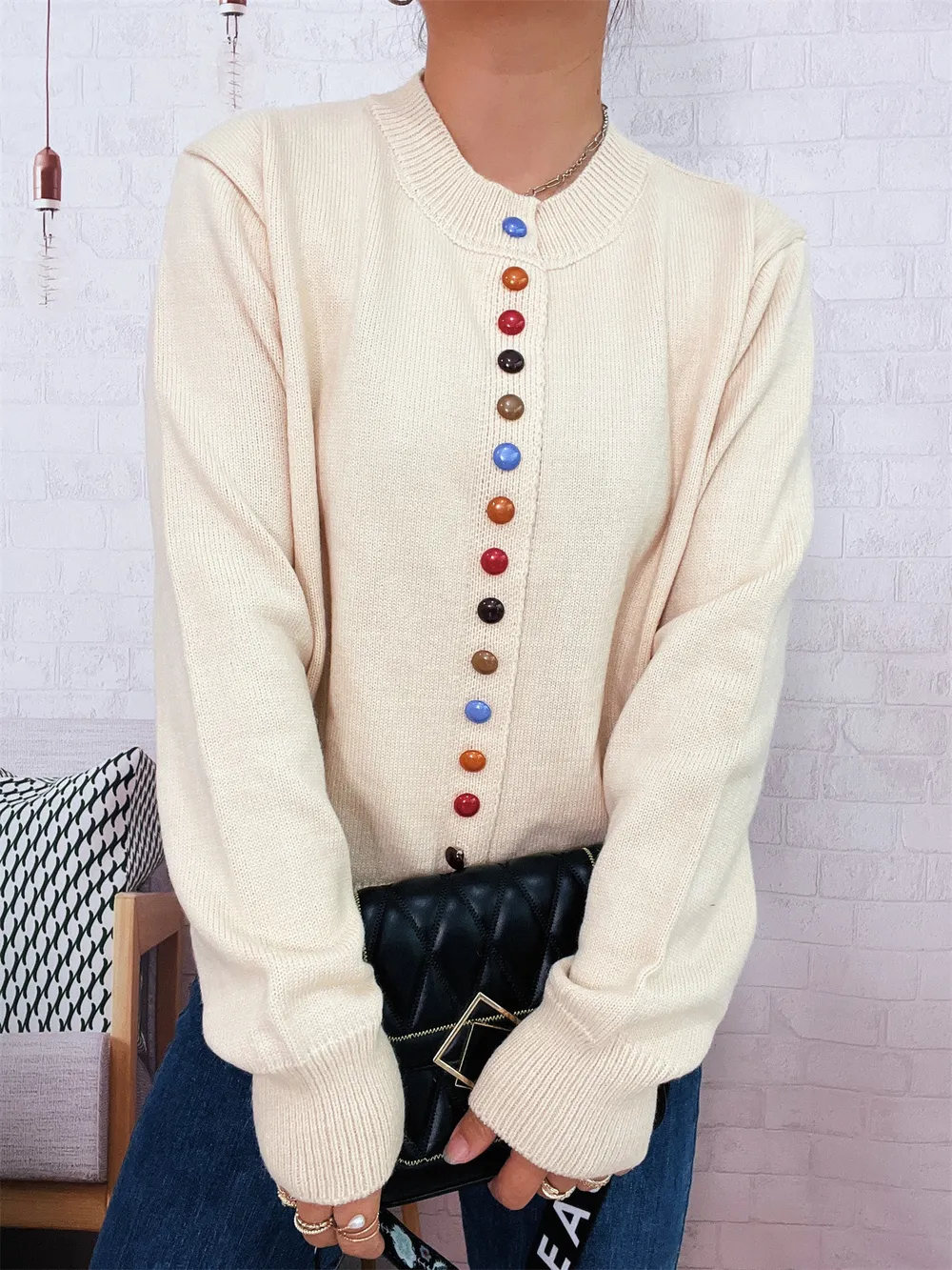 Button-Front Cardigan with Colorful Detail Buttons, image 7