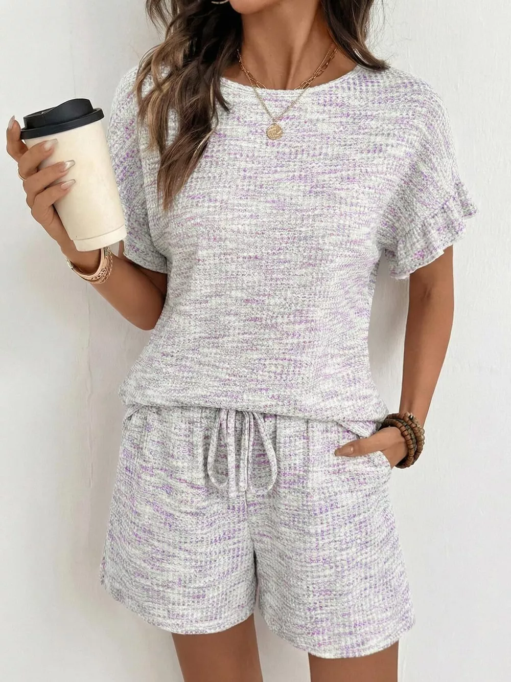 Ruffle Sleeve Textured Top and Shorts Set, image 26