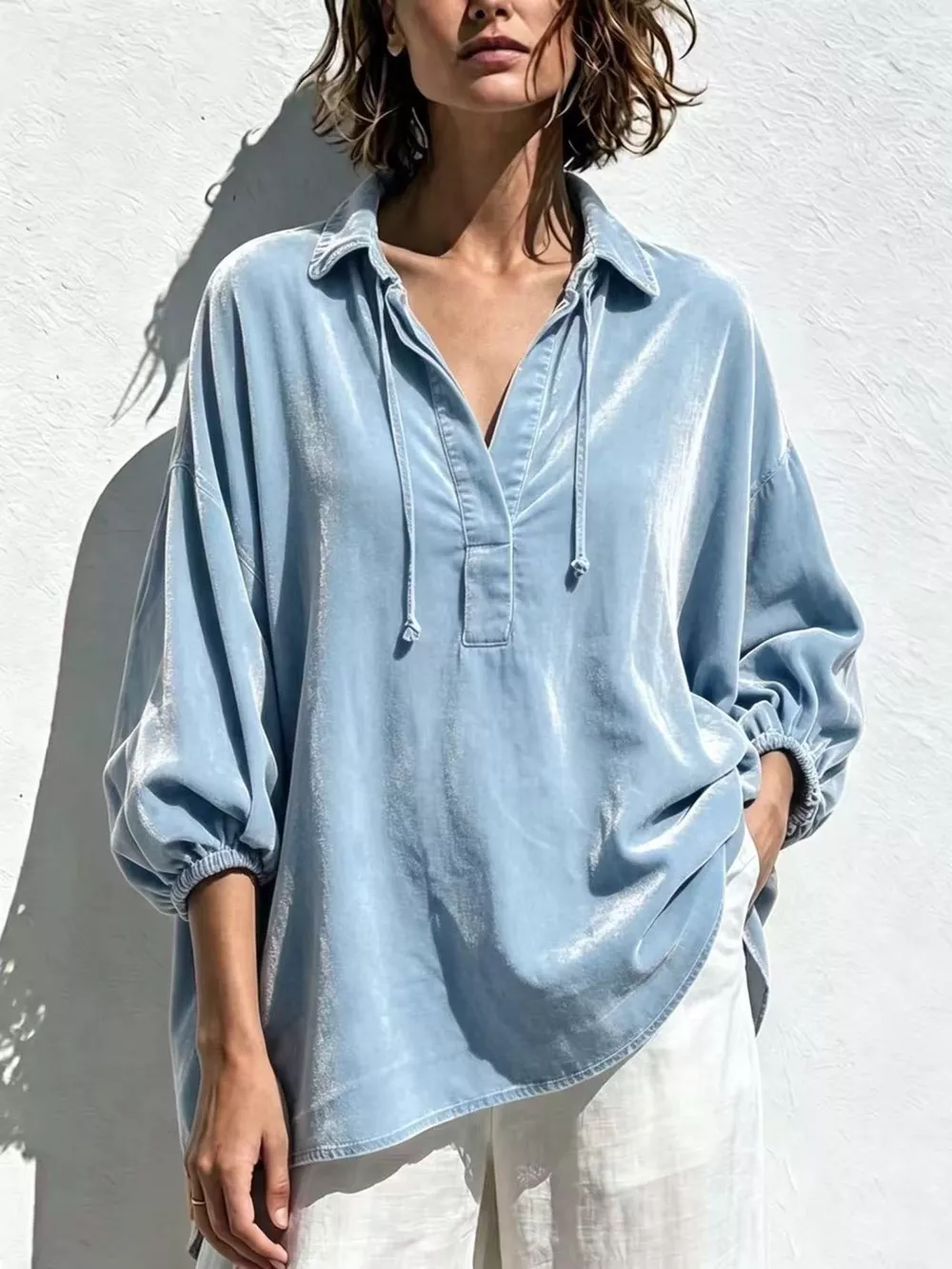 Full Size Oversized Velvet Collared Neck Drawstring Blouse Plus Size, image 7