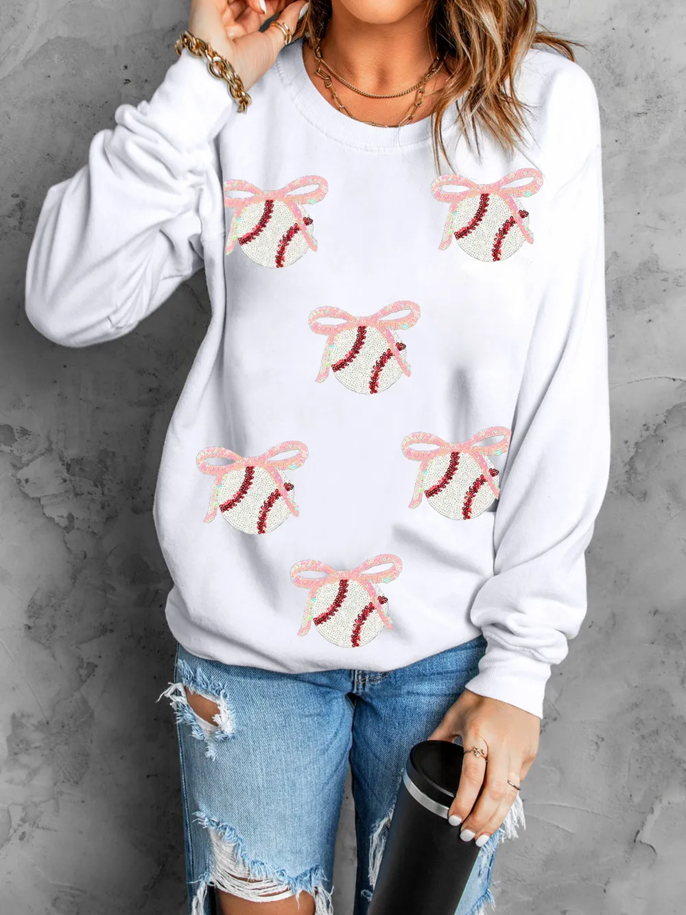 Sequin Bow Baseball Patched Casual Sweatshirt, image 4