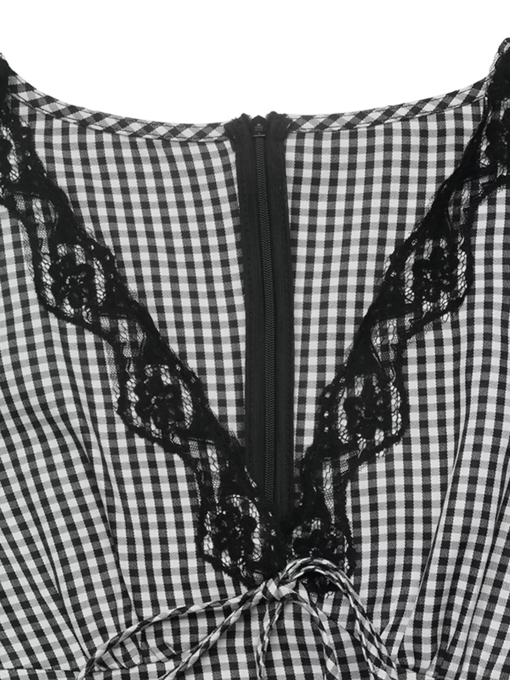 Gingham Lace-Trim V-Neck Long Sleeve A-Line Maxi Dress, image 7