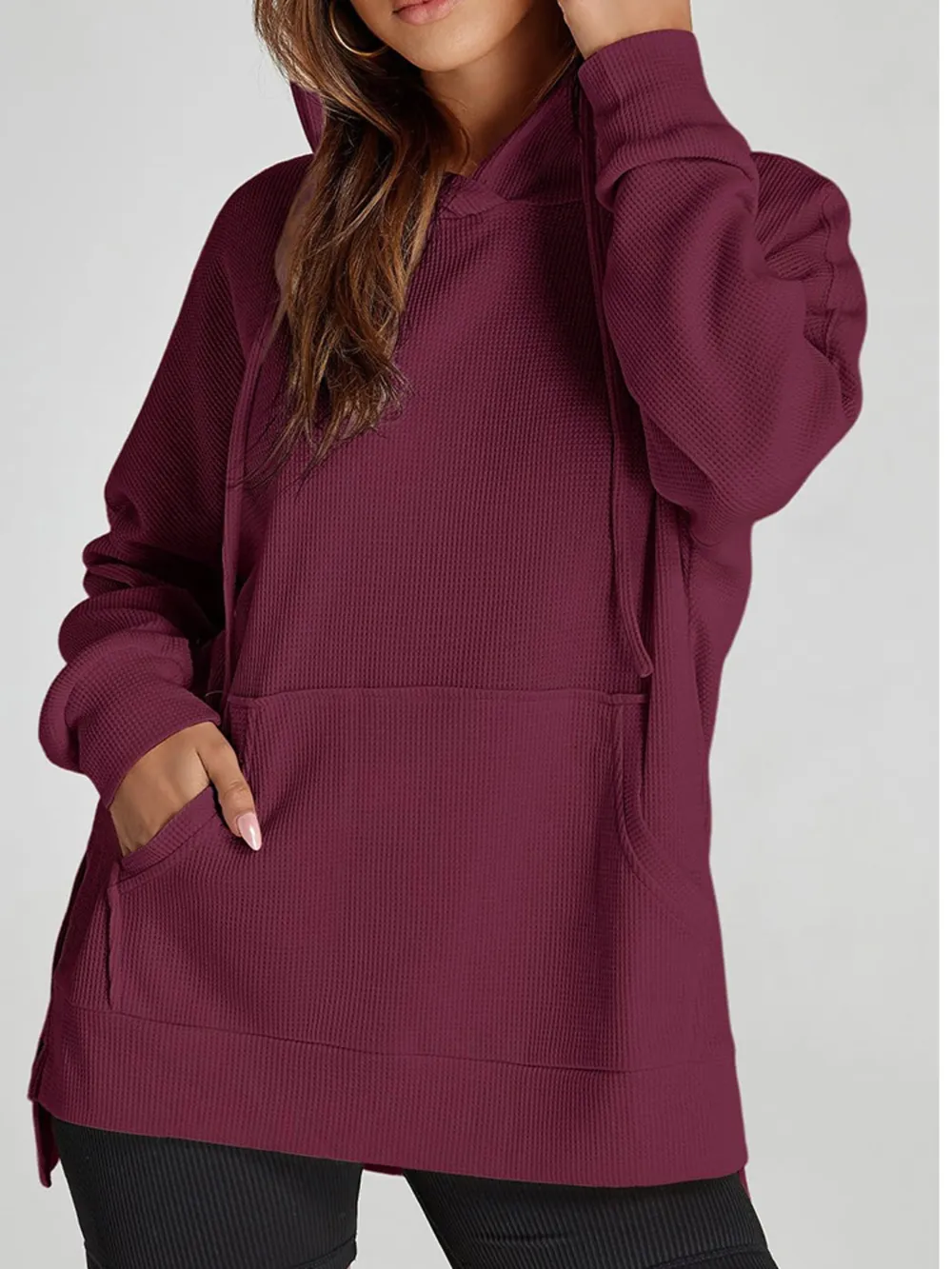 Slit Drawstring Waffle Knit Hoodie, image 9