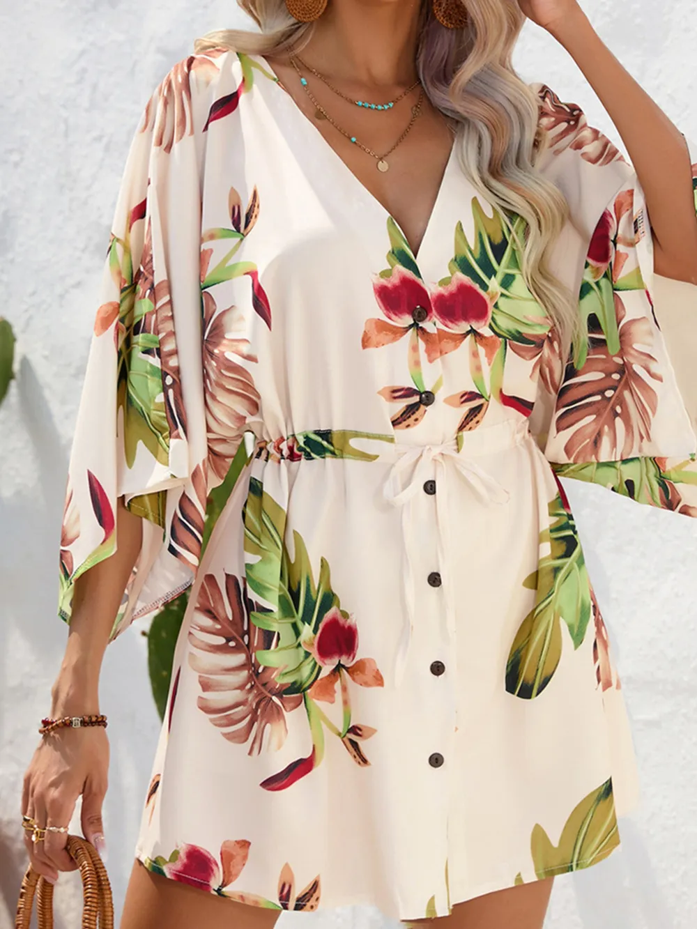 Color Block Drawstring Waist Button Up Dress, image 17