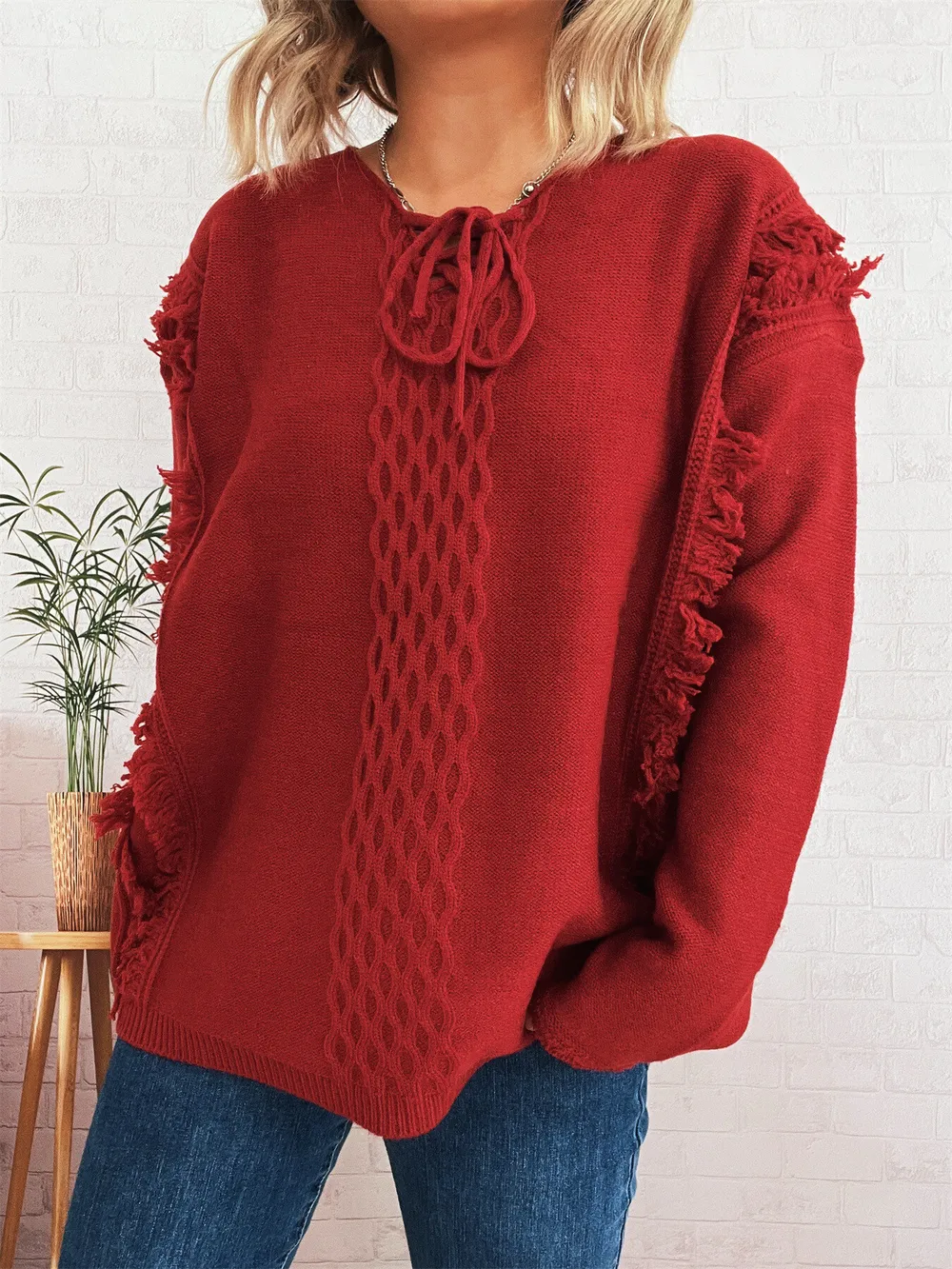 Raw Hem Lace Up Front Sweater, image 7