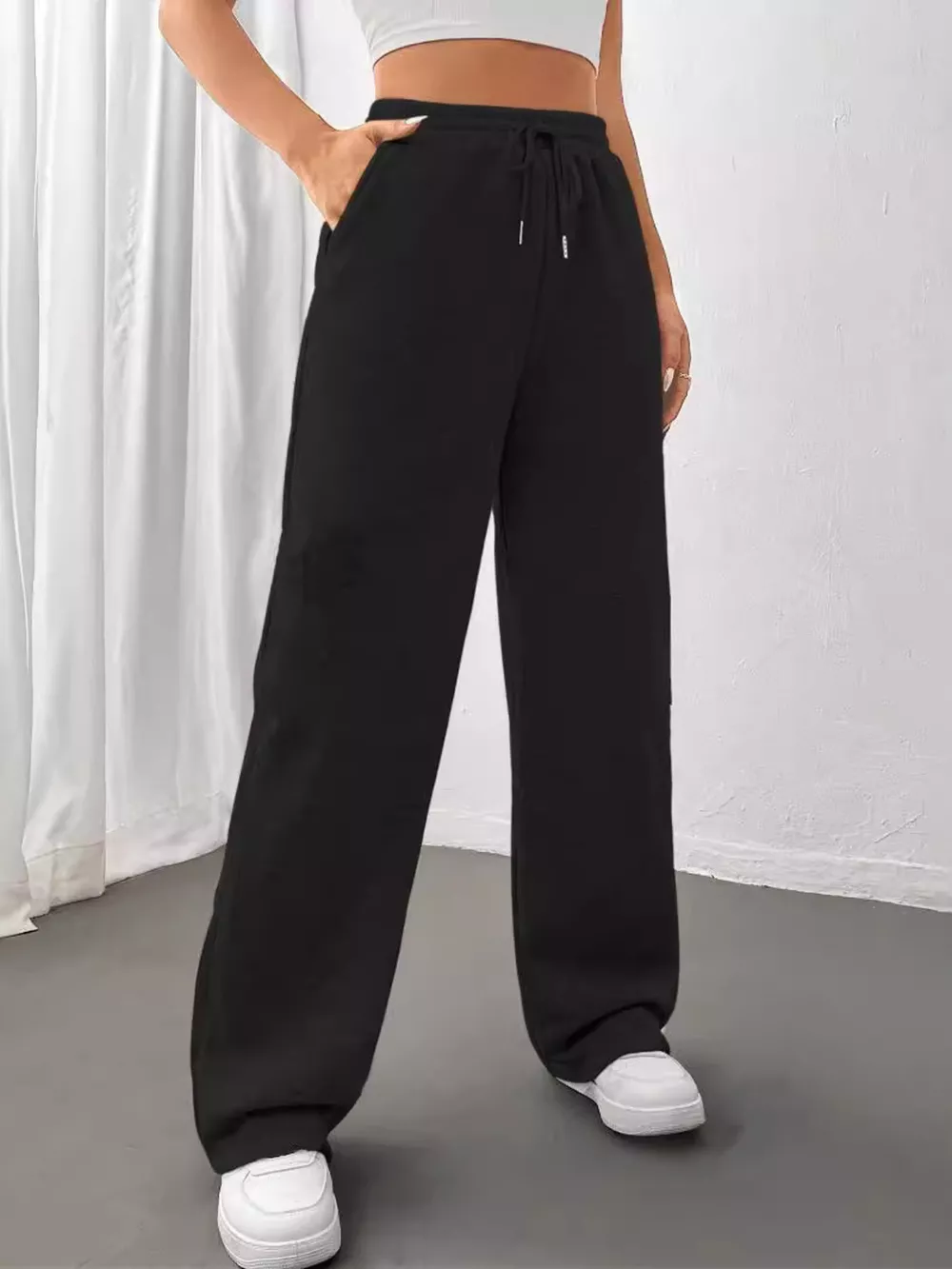 Relaxed Fit Drawstring Waist Solid Pants, image 2