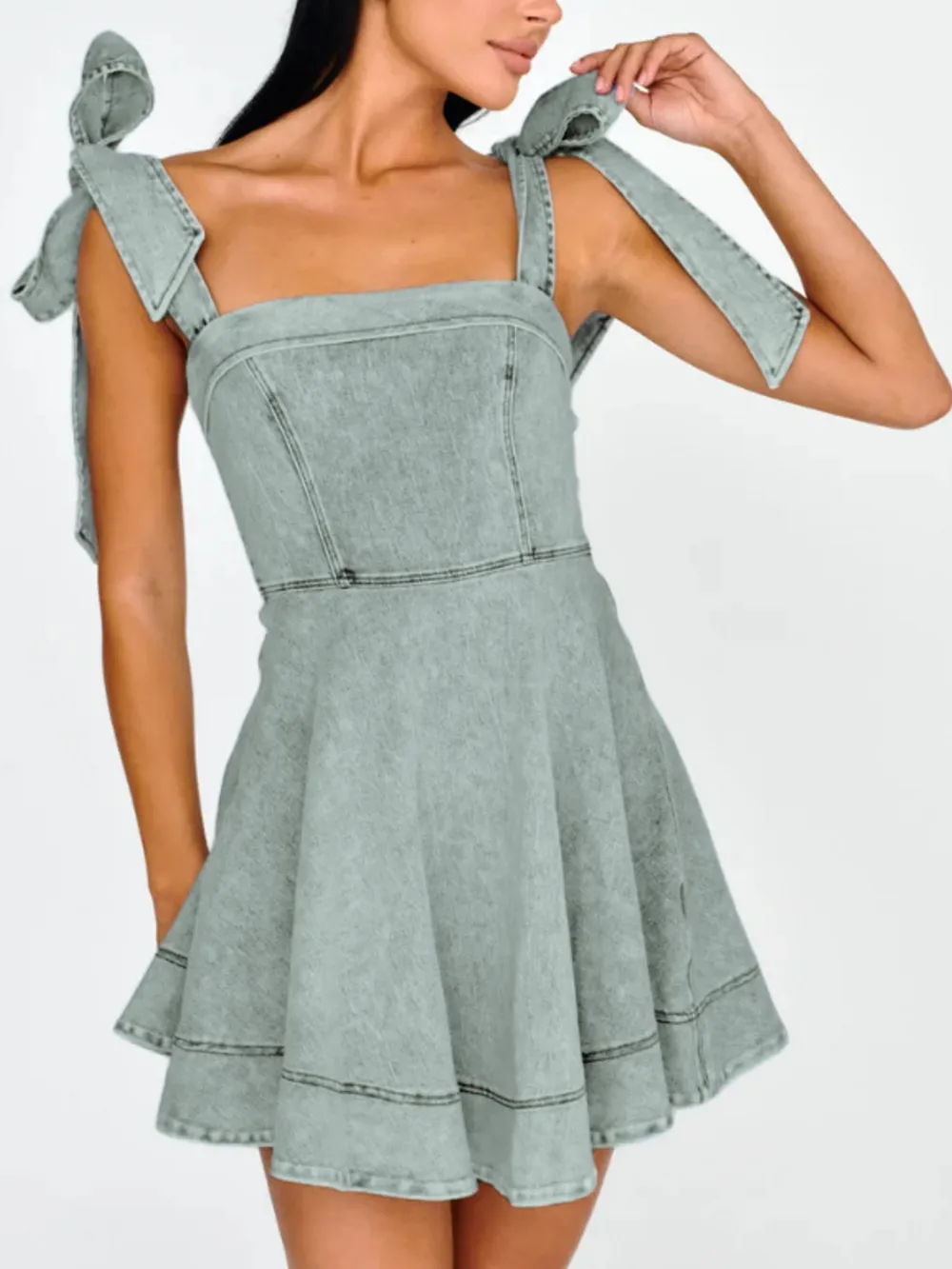 Bow-Shoulder Square Neck Denim Mini Dress, image 5