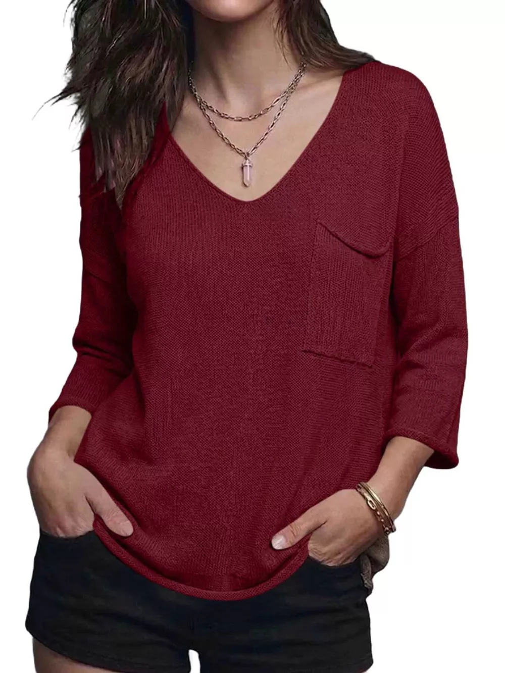 V-Neck Chest Pocket Knit Top, image 7