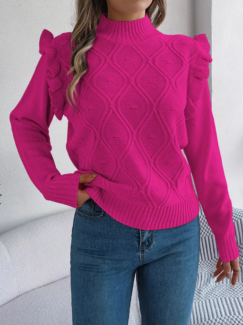 Mock Neck Ruffle Trim Long Sleeve Sweater, image 7