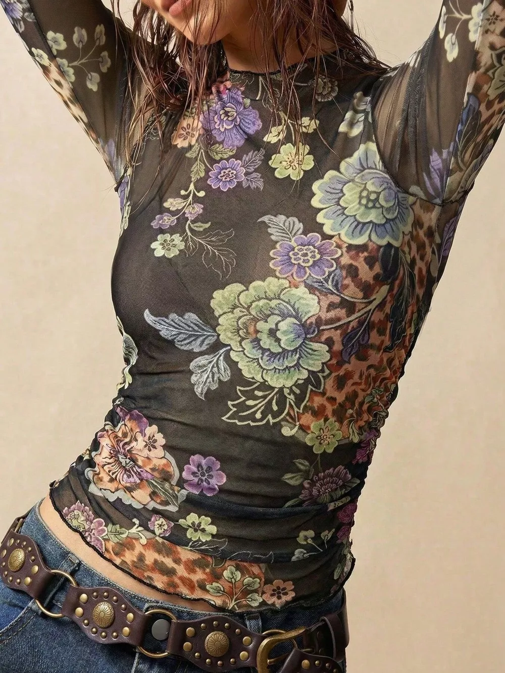 Floral Mesh Long Sleeve Top, image 3