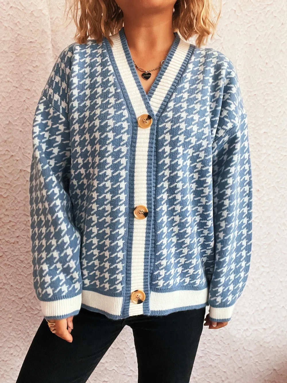 Houndstooth Pattern V-Neck Button-Up Cardigan, image 17