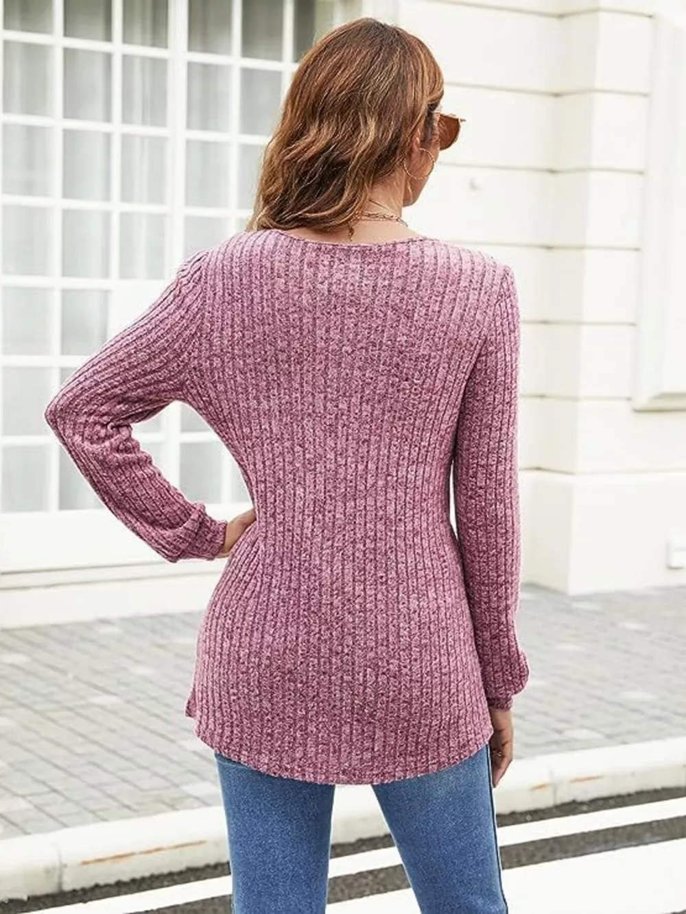 V-Neck Ribbed Long Sleeve Knit Top, image 8