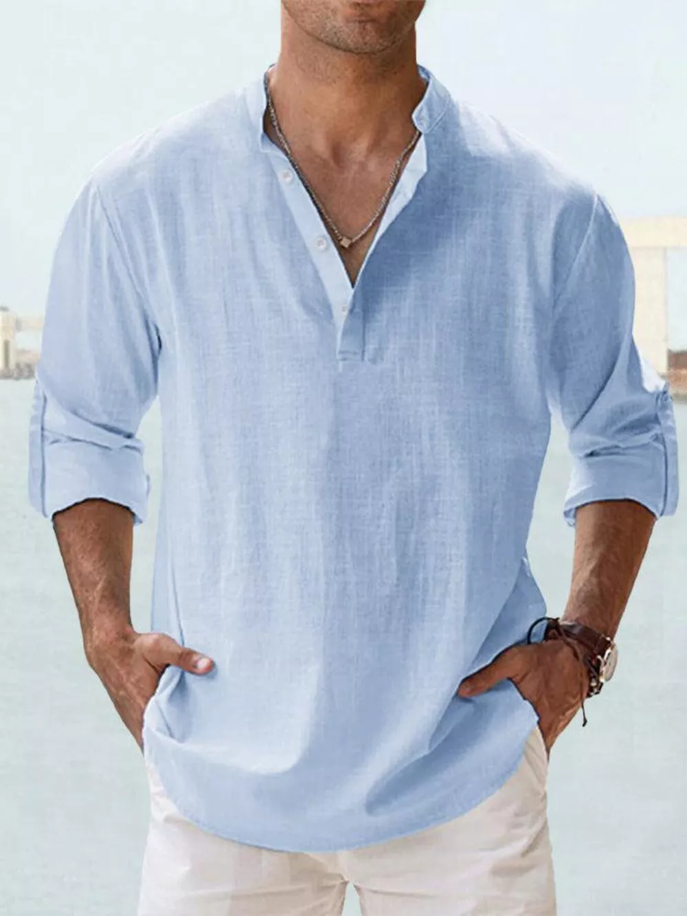 Men's Full Size Casual Button Detail Roll-Up Sleeve Blouse Plus Size, image 9