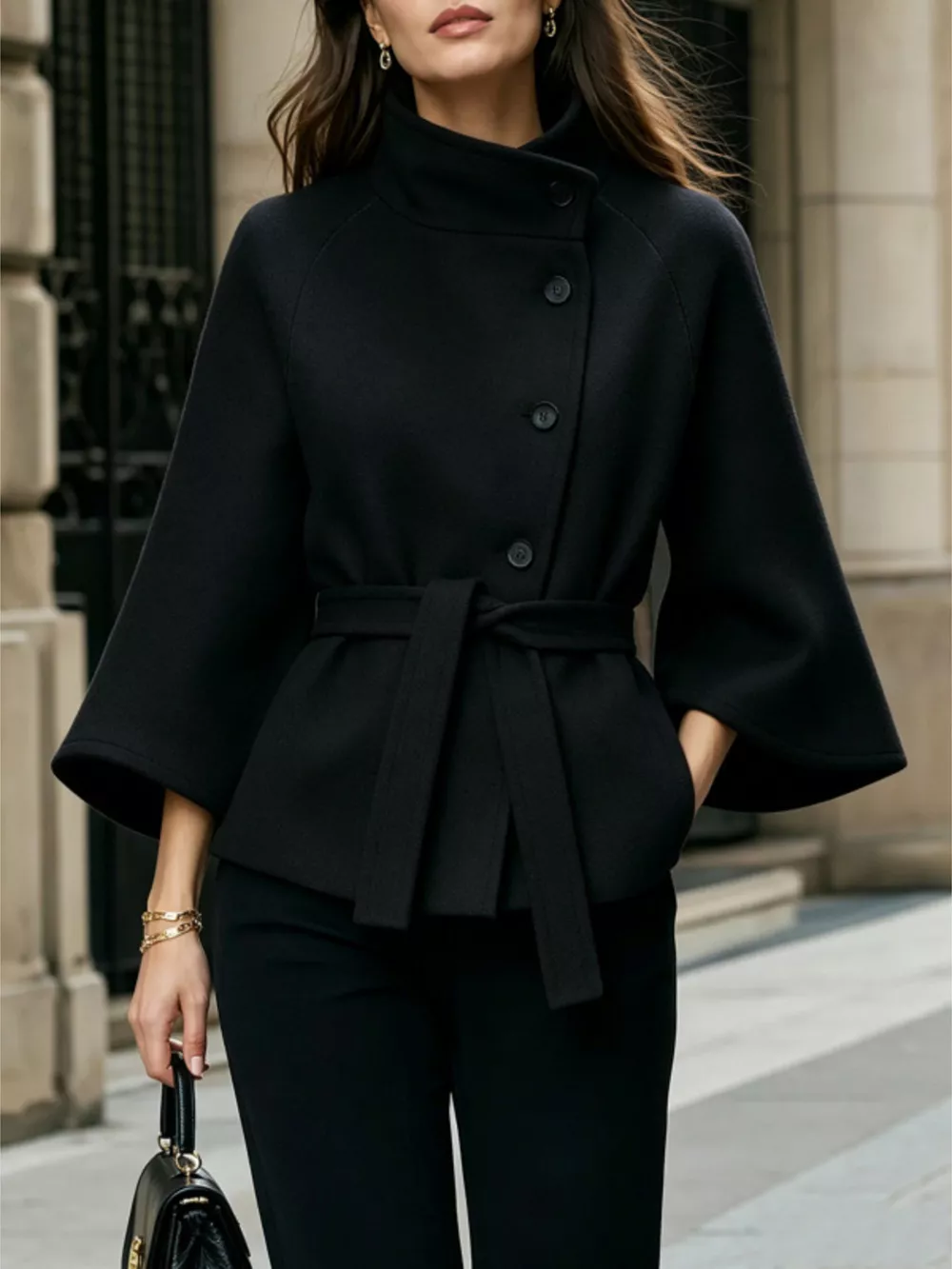 Button Down Cape Coat with Belted Waist, image 7