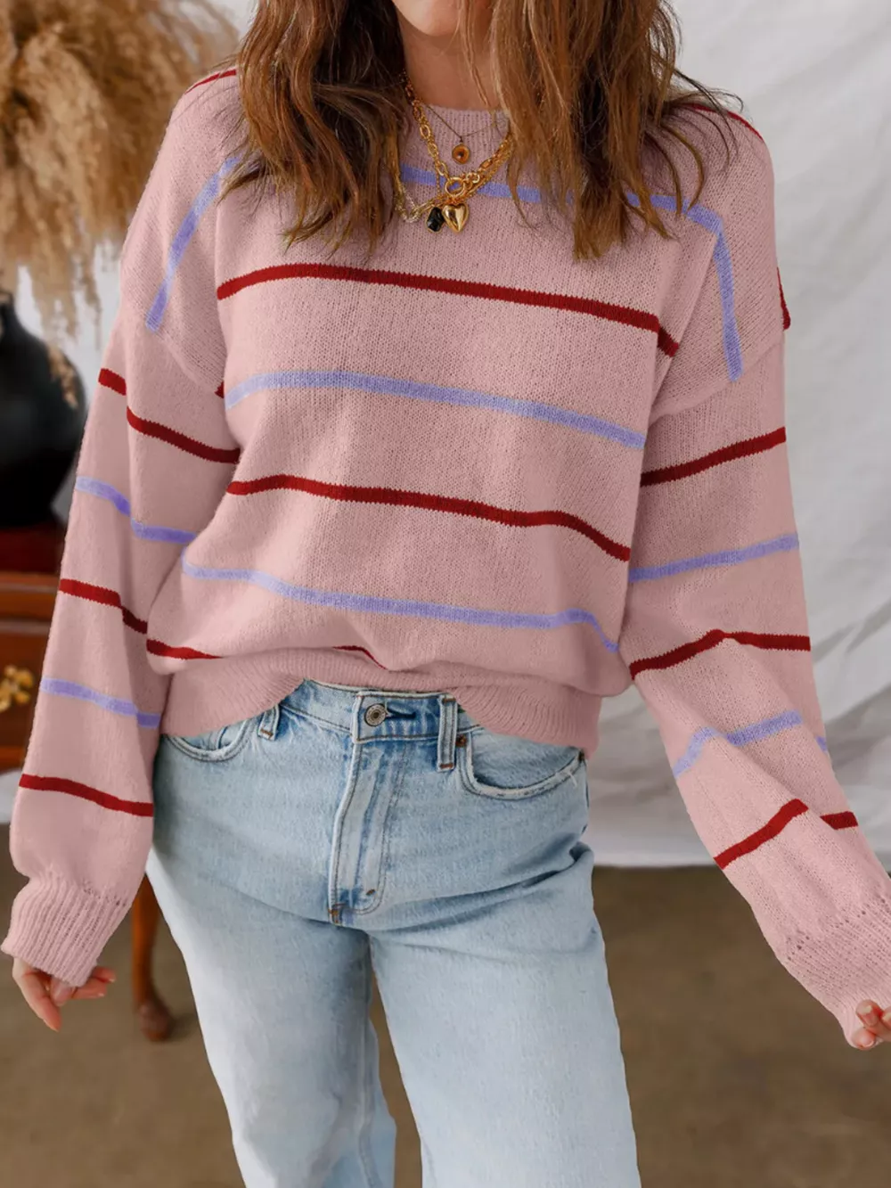 Striped Round Neck Drop Shoulder Sweater, image 7