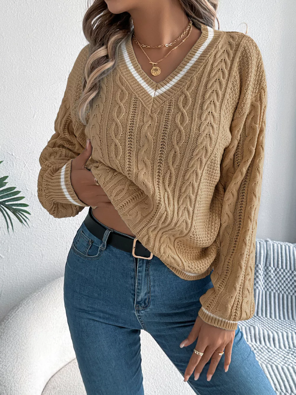 V-Neck Cable Knit Sweater with Striped Trim, image 10