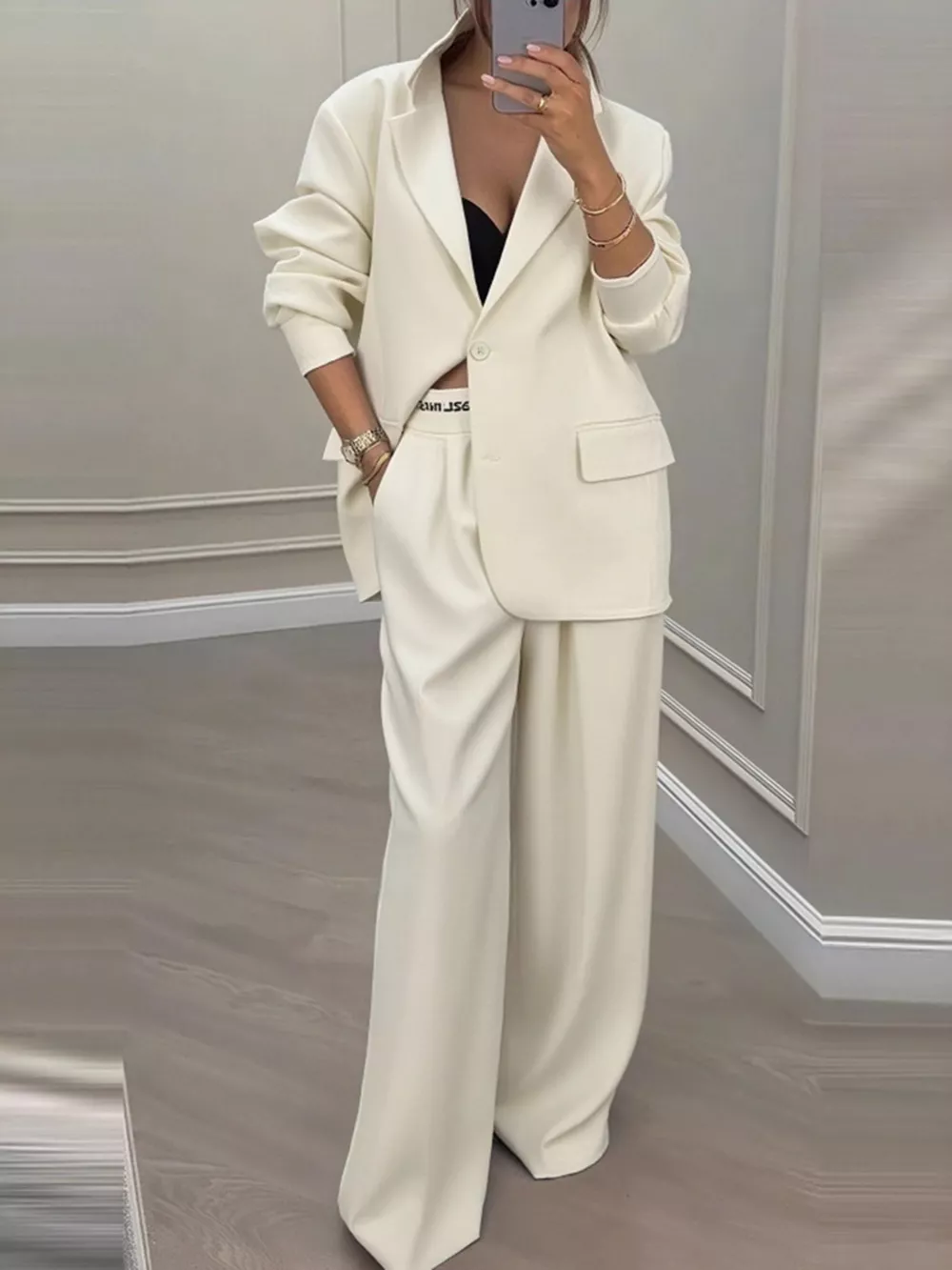 Full Size One Button Blazer and Wide-Leg Pants Set Plus Size, image 5