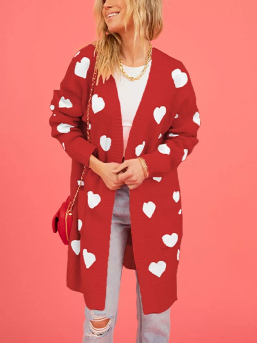 Heart Pattern Open Front Longline Cardigan, image 8