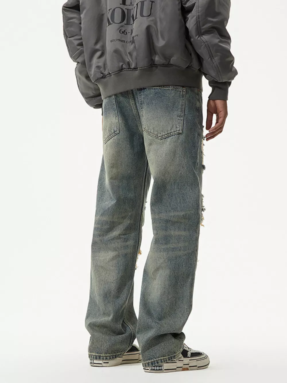 Men's Distressed Plaid Patch Wide Leg Jeans, image 7