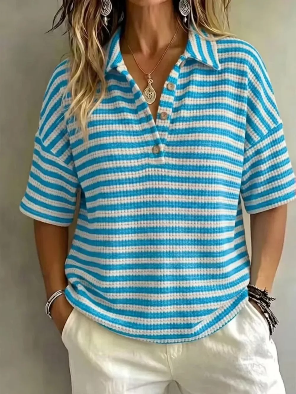 Full Size Contrast Striped Knit Polo Shirt Plus Size, image 13