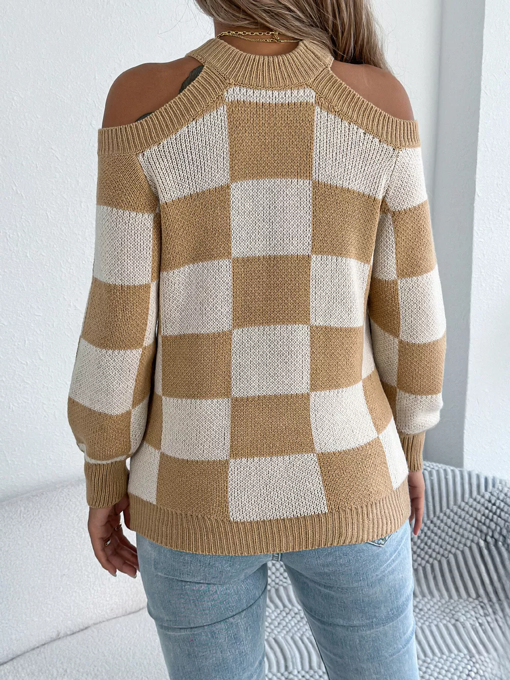 Cold Shoulder Checkered Long Sleeve Sweater, image 15