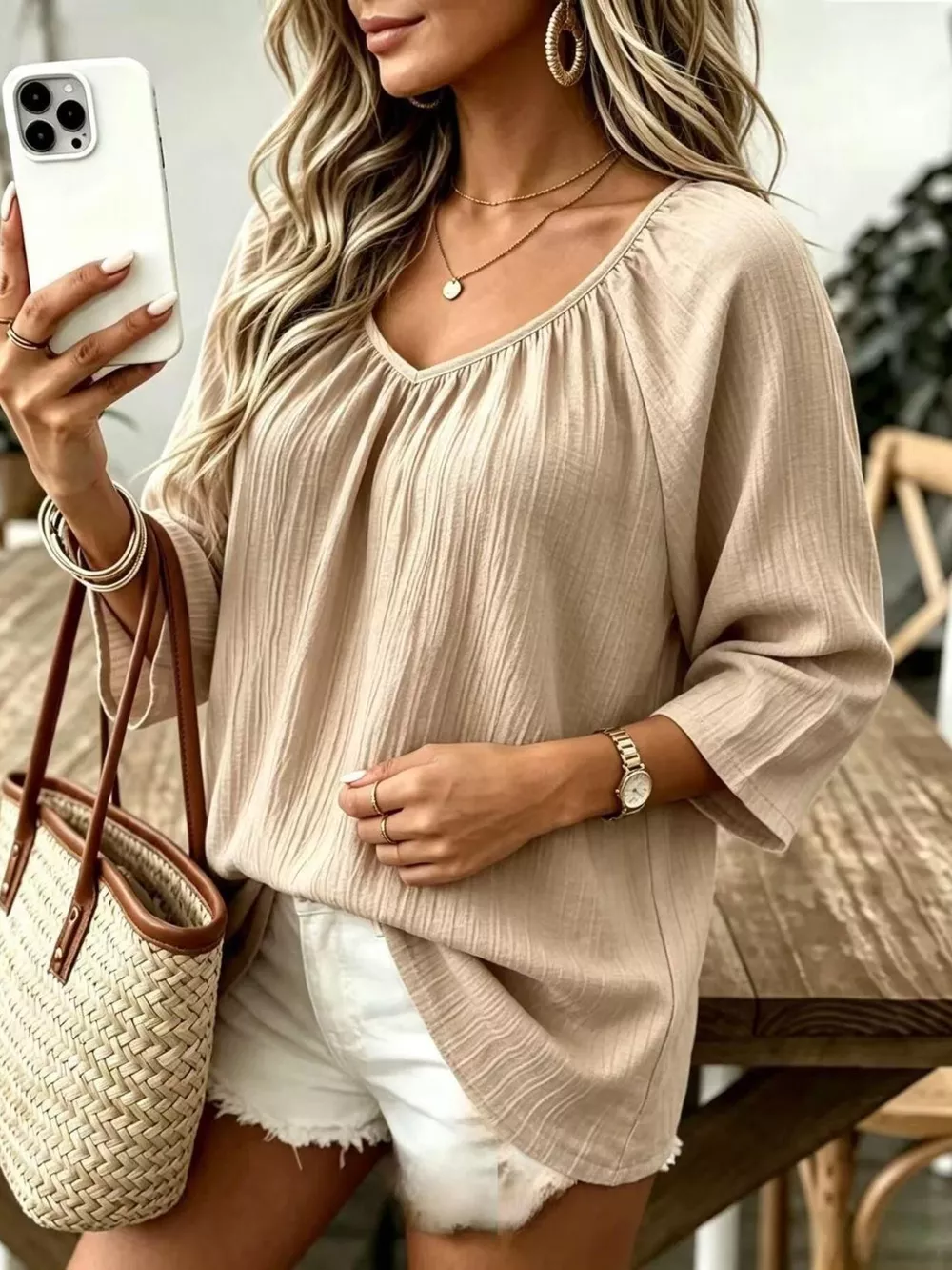 Full Size Textured V-Neck Casual T-Shirt Plus Size, image 12