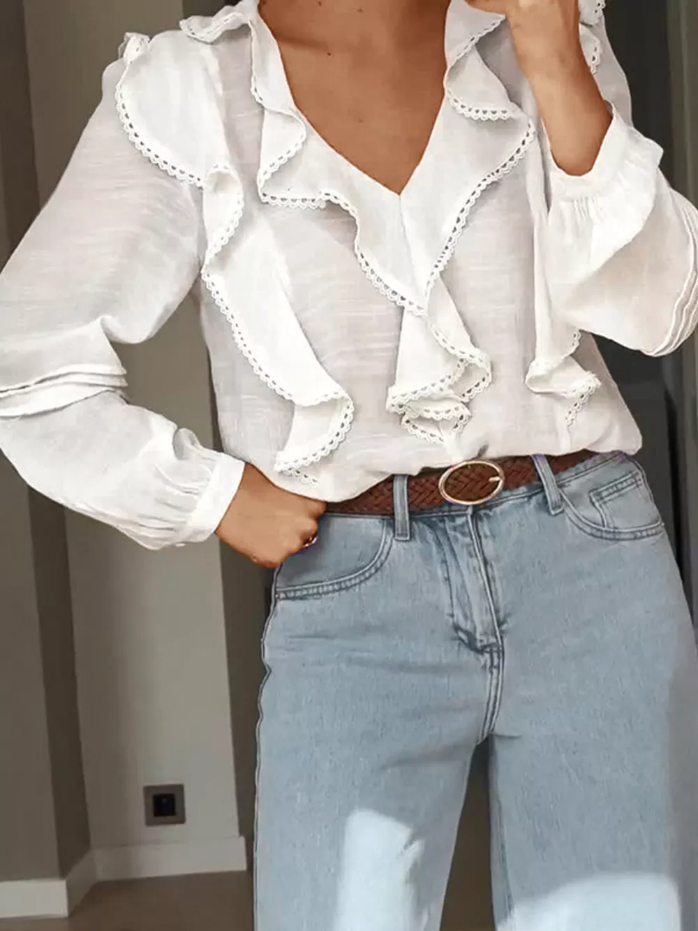 Ruffle Trim V-Neck Blouse, image 9