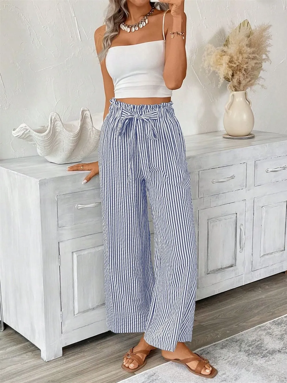 Full Size Striped Wide Leg Paper Bag Pants Plus Size, image 13