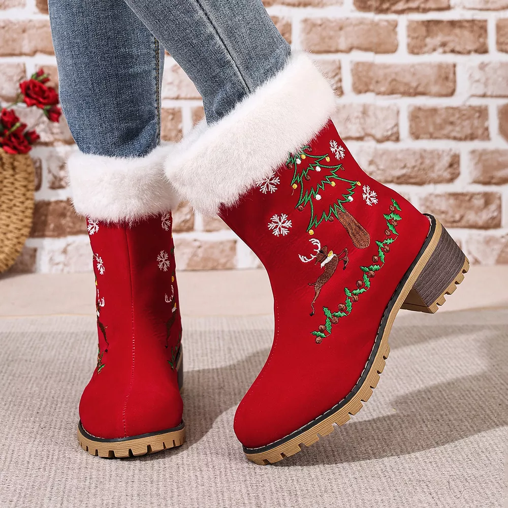 Christmas Embroidered Block Heel Ankle Boots, image 3