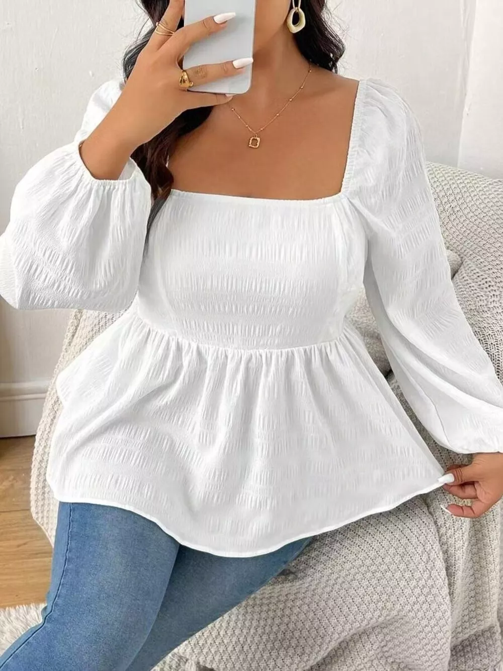 Plus Size Square Neck Long Sleeve Peplum Blouse, image 3