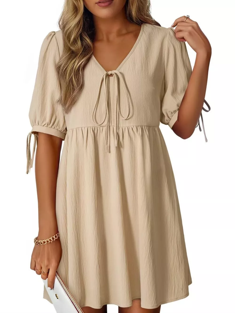 Tie-Neck Puff Sleeve A-Line Mini Dress, image 2