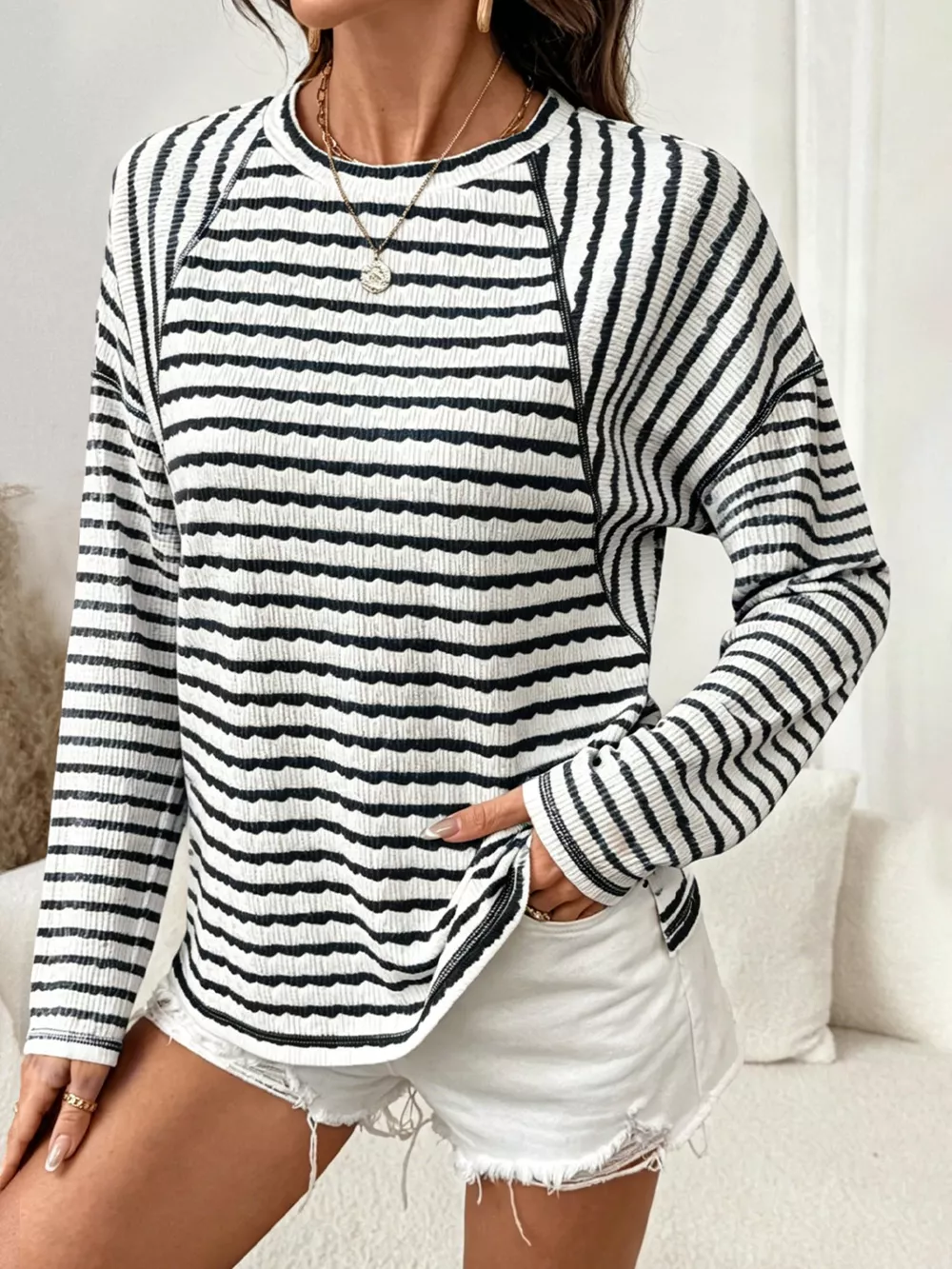 Casual Striped Raglan Sleeve Long-Sleeve T-Shirt