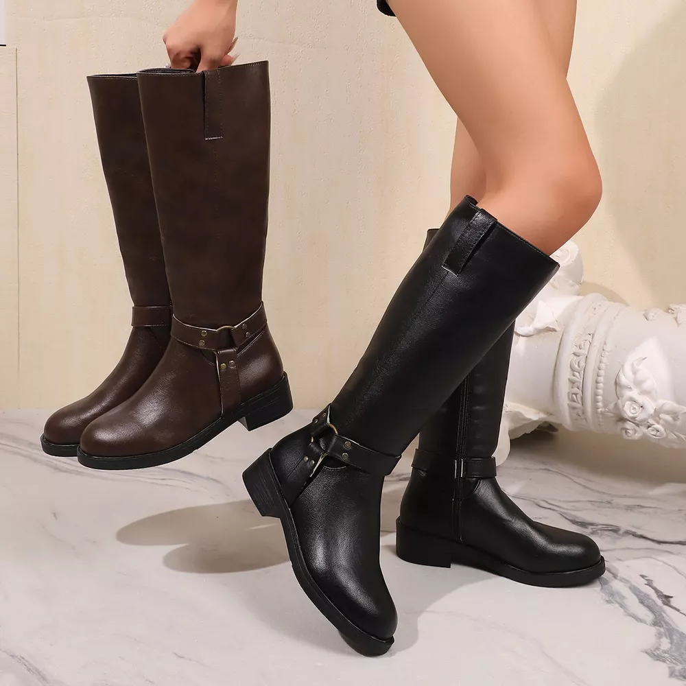Knee-High Buckle Strap Riding Boots, image 2