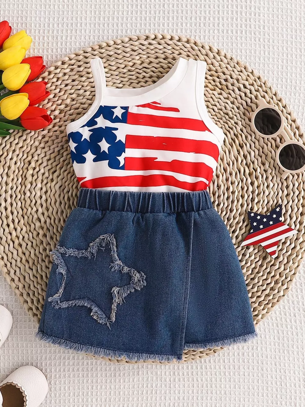 Children's American Flag Print Tank Top & Denim Skirt Set