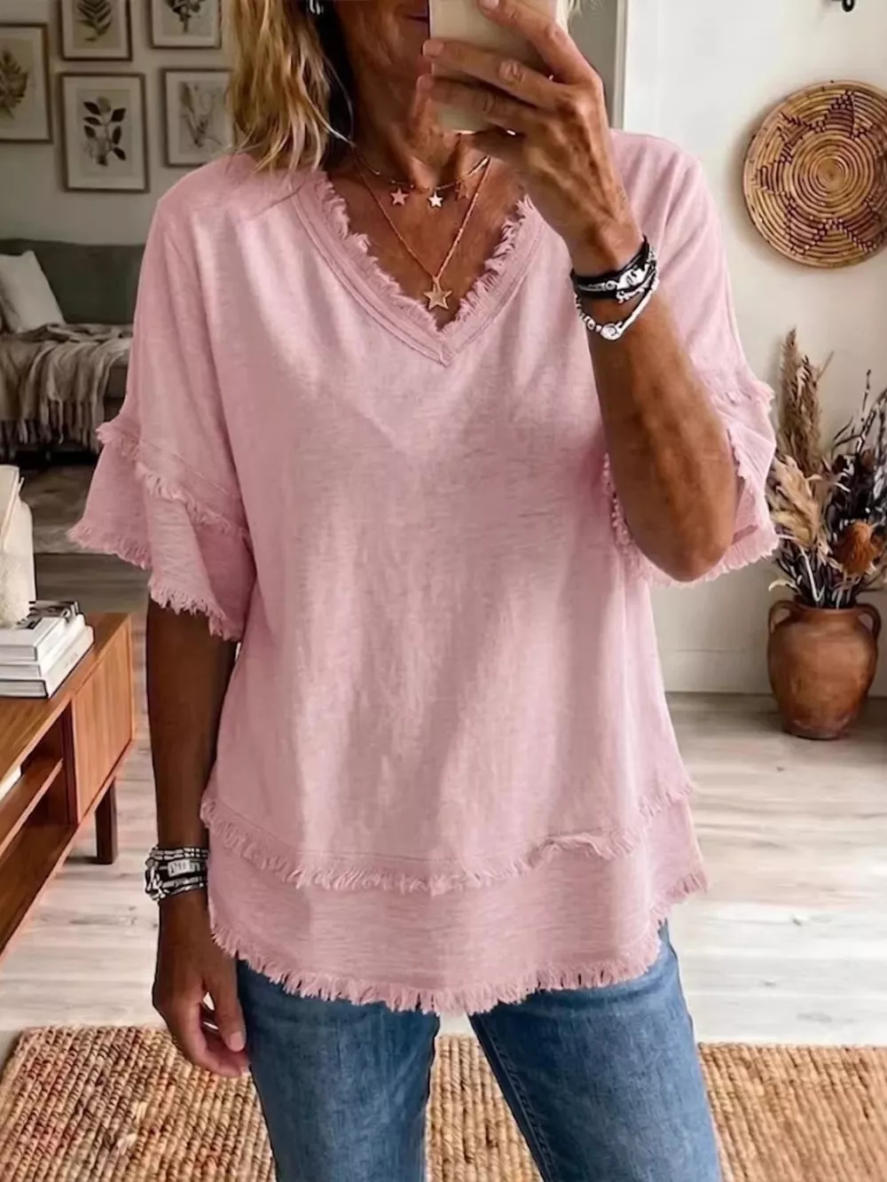 Full Size Frayed Edge V-Neck Blouse Plus Size, image 9