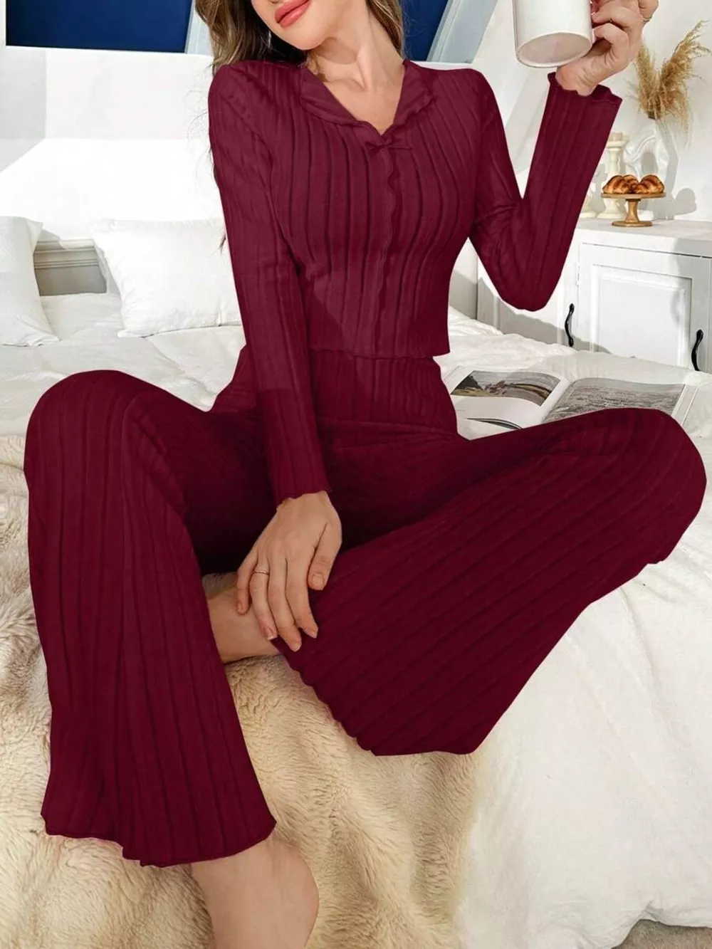 Bow Detail Ribbed Knit Top and Pants Lounge Set, image 8