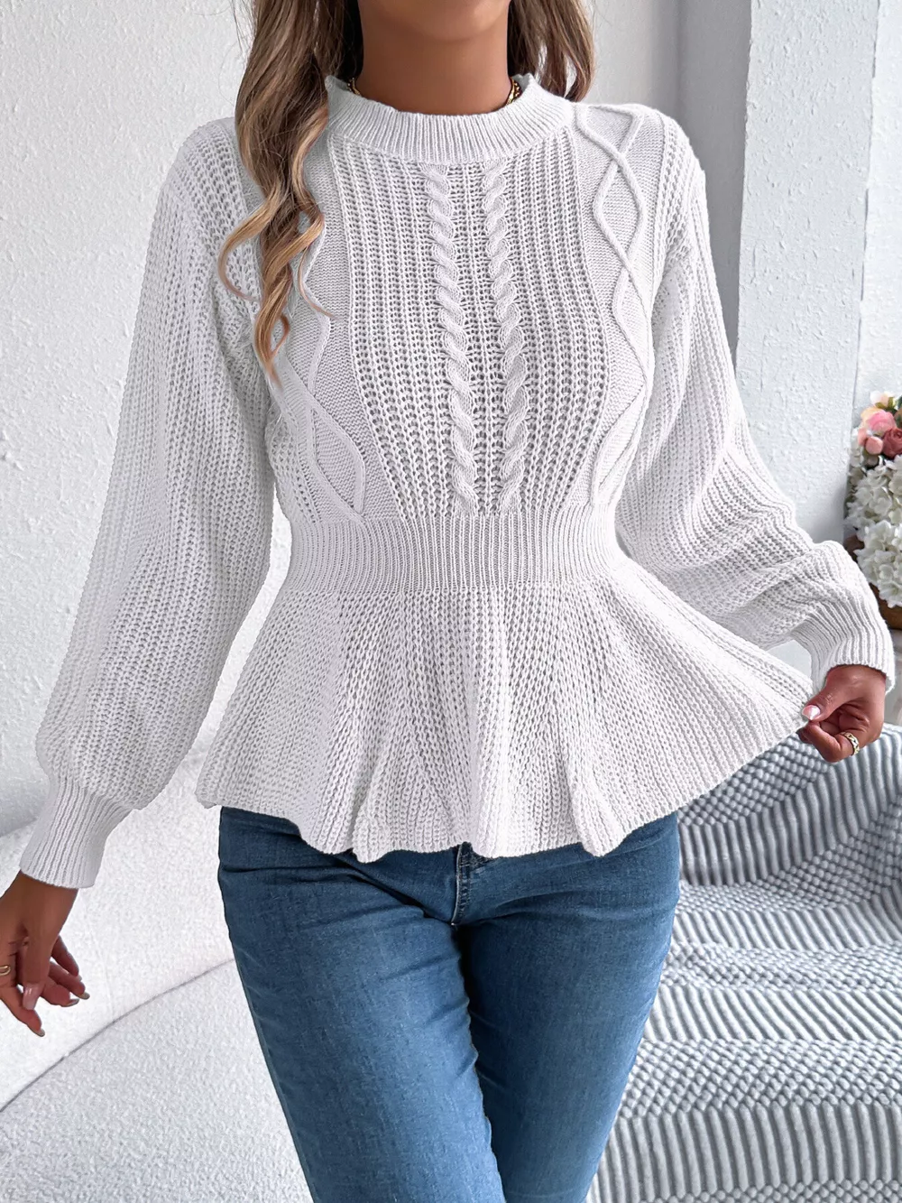 Cable Knit Peplum Sweater, image 13