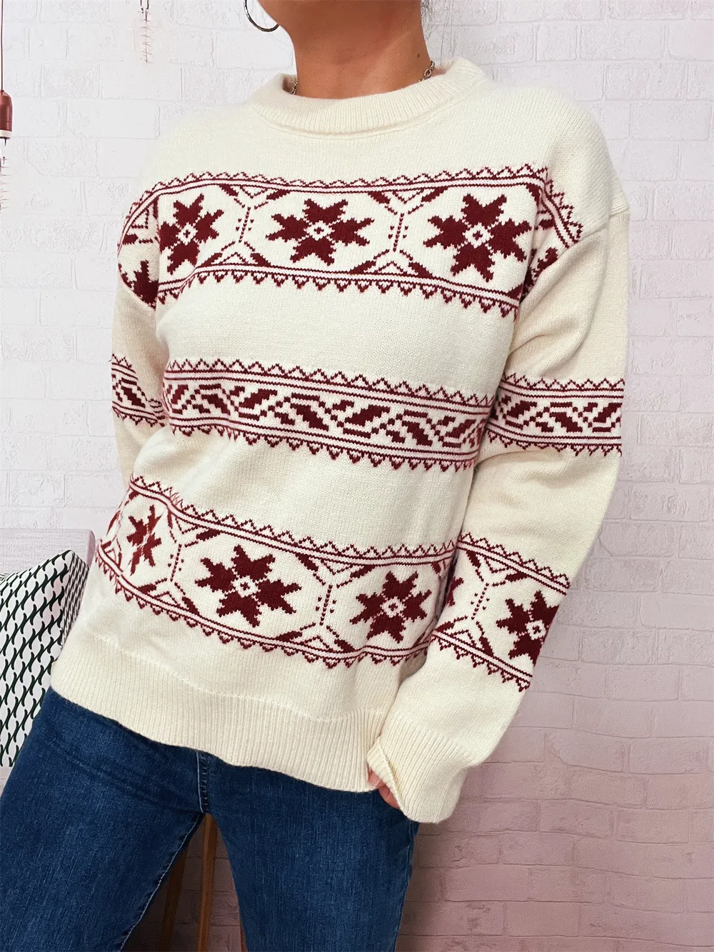 Christmas Snowflake Round Neck Sweater, image 2