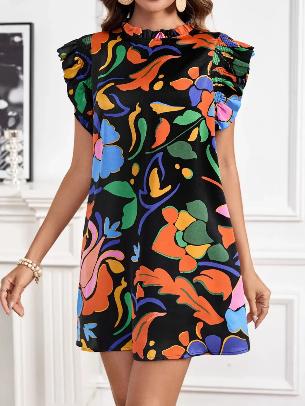 Printed Ruffle Sleeve Mini Dress, image 3