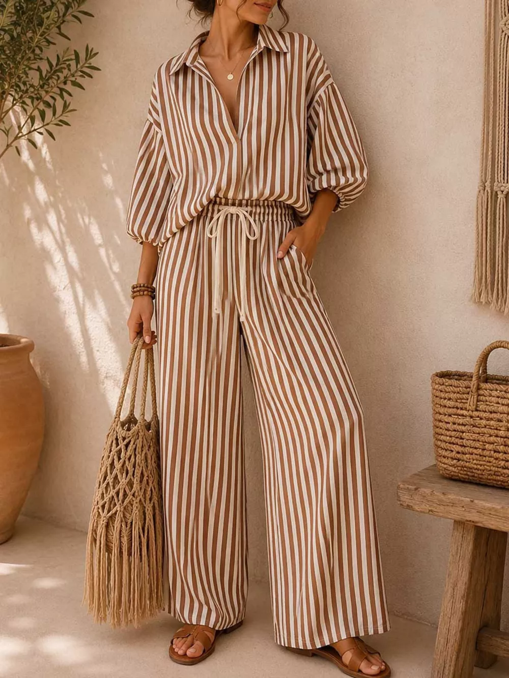 Striped Collared Shirt and Wide-Leg Drawstring Pants Set, image 4