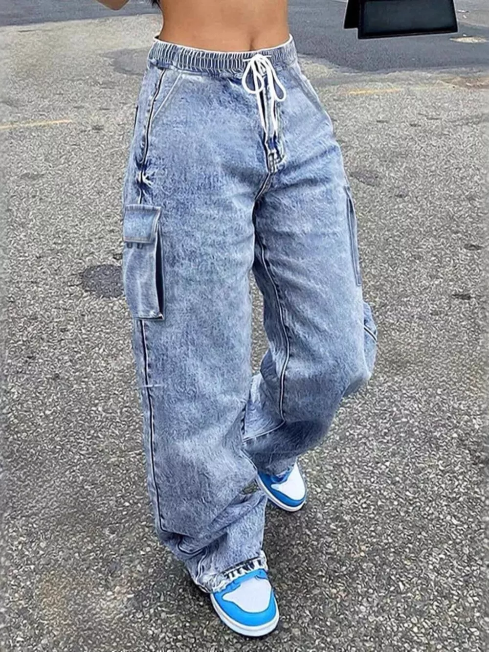 High-Waisted Drawstring Cargo Jeans, image 3