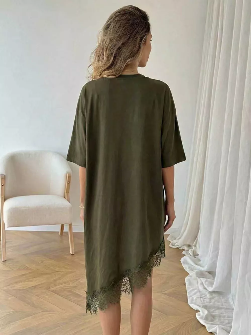Lace Trim Asymmetrical Hem T-shirt Dress, image 15