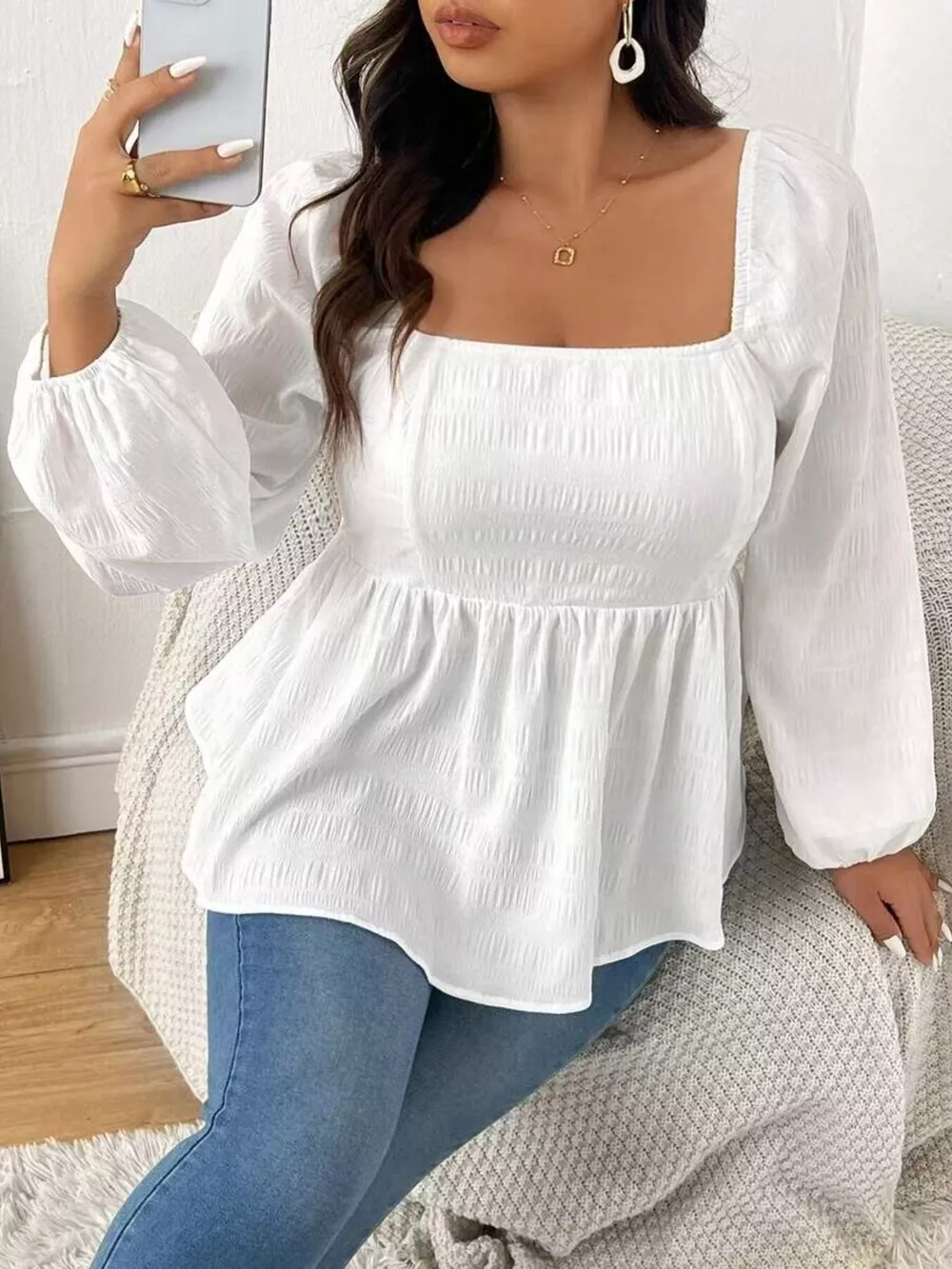 Plus Size Square Neck Long Sleeve Peplum Blouse, image 2