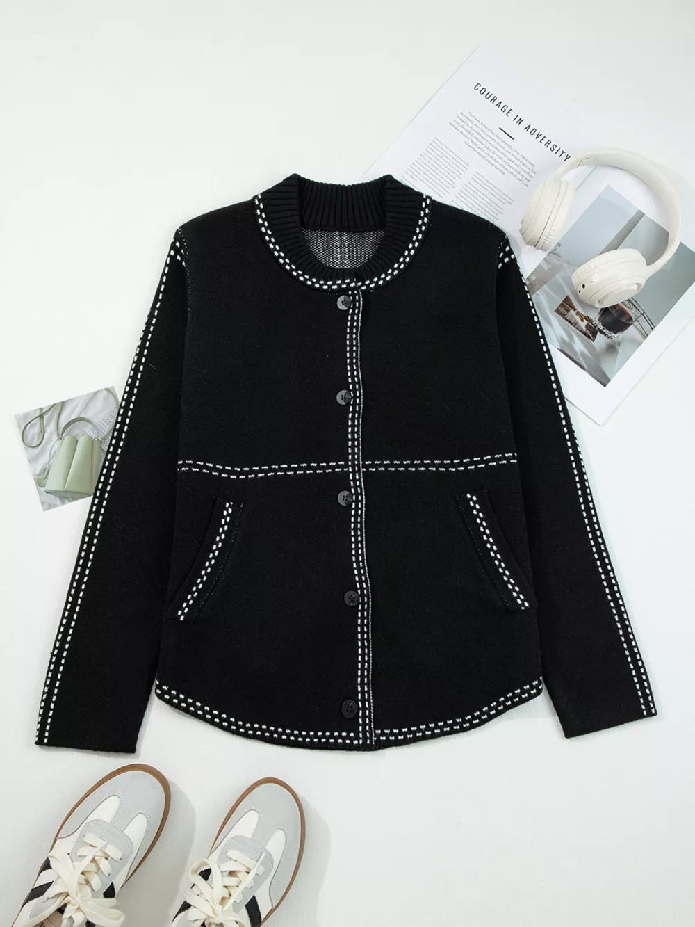 Contrast Trim Button up Sweater Cardigan, image 10