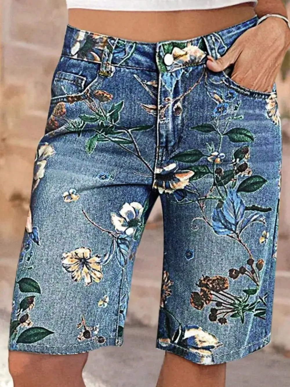 Floral Print Denim Shorts, image 2