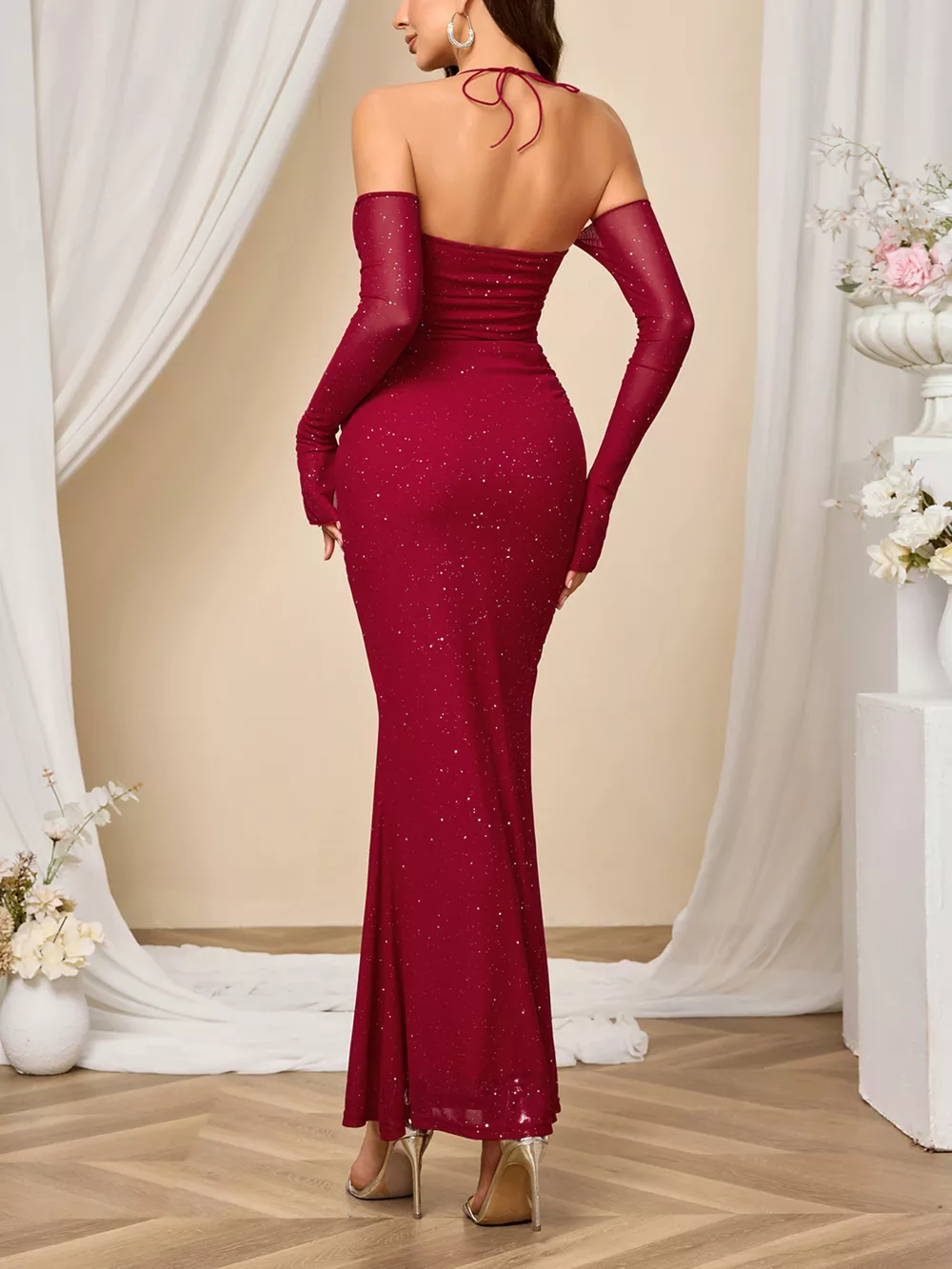 Glitter Sweetheart Neck Long Sleeve Maxi Dress, image 4