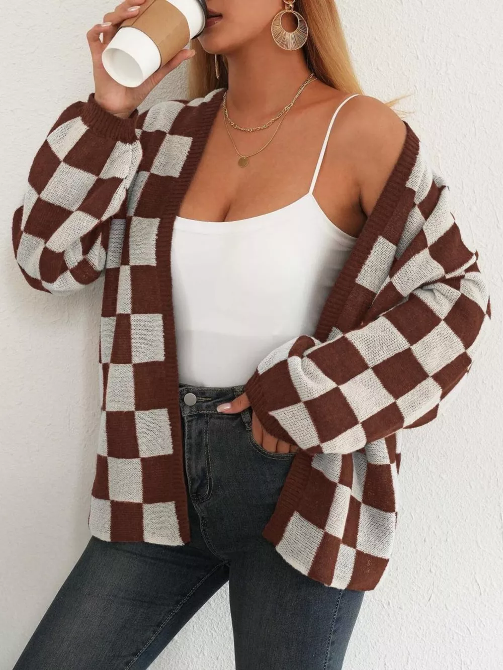 Checkerboard Pattern Open Front Knit Cardigan, image 9